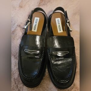 Steve Madden Glossy Black Moccasins with Silver Detail